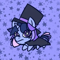 Size: 1205x1210 | Tagged: safe, artist:andsonlockedbox, derpibooru import, oc, oc:flawless sparklemoon, pony, unicorn, cape, chibi, clothes, female, full body, fusion, fusion:trixie, fusion:twilight sparkle, fusion:twixie, hat, horn, image, looking at you, mare, my little pony the movie: the death of twilight sparkle, png, purple background, simple background, solo, star background, starry eyes, top hat, wingding eyes