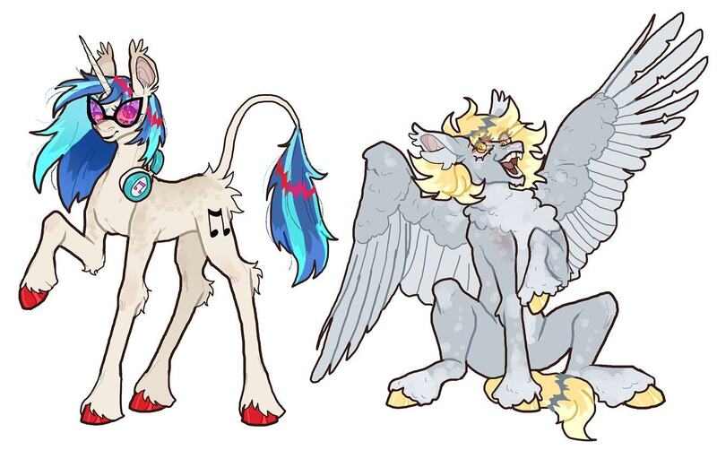 Size: 1323x831 | Tagged: safe, artist:stygios, derpibooru import, derpy hooves, vinyl scratch, pegasus, pony, unicorn, g4, alternate design, duo, female, headphones, horn, image, jpeg, leonine tail, mare, simple background, sitting, spread wings, tail, unshorn fetlocks, vinyl's glasses, wings