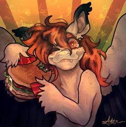 Size: 949x956 | Tagged: safe, artist:stygios, derpibooru import, oc, oc:techno sketch, unofficial characters only, pegasus, pony, burger, colored wings, colored wingtips, female, food, hay burger, image, jpeg, mare, snaggletooth, solo, spread wings, unshorn fetlocks, wings