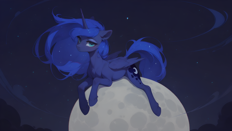 Size: 3840x2176 | Tagged: safe, ai content, artist:truekry, derpibooru import, generator:tponynai3, machine learning assisted, princess luna, alicorn, pony, g4, chest fluff, cloud, ear fluff, ethereal mane, ethereal tail, eyeshadow, female, horn, image, looking at you, lying down, makeup, mare, moon, night, png, prone, sky, solo, starry mane, starry tail, stars, tail, unshorn fetlocks, wallpaper, wings