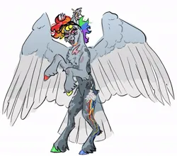 Size: 992x871 | Tagged: safe, artist:stygios, derpibooru import, rainbow dash, pegasus, pony, g4, alternate design, aviator goggles, chest fluff, ear piercing, earring, eye scar, facial scar, fangs, female, goggles, goggles on head, image, jewelry, jpeg, mare, nose piercing, nose ring, open mouth, piercing, rearing, scar, simple background, solo, spread wings, unshorn fetlocks, white background, wings