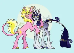 Size: 1440x1045 | Tagged: safe, artist:stygios, derpibooru import, moonlight raven, sunshine smiles, pony, unicorn, g4, abstract background, curved horn, duo, ear piercing, earring, female, horn, hug, image, jewelry, jpeg, leonine tail, mare, piercing, ring, tail, tail ring, unshorn fetlocks