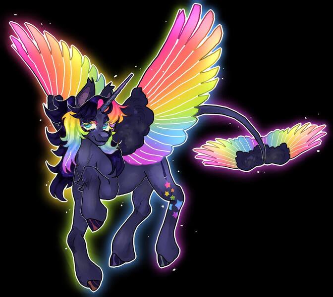 Size: 1440x1285 | Tagged: safe, artist:stygios, derpibooru import, oc, unofficial characters only, alicorn, pony, alicorn oc, black background, colored wings, flying, horn, image, jpeg, leonine tail, multicolored wings, rainbow wings, simple background, solo, spread wings, tail, tail wings, wings