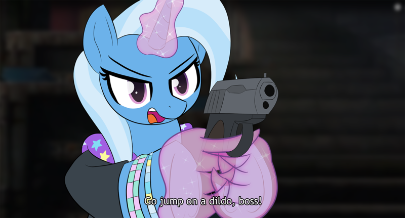 Size: 1820x980 | Tagged: suggestive, artist:cortavi, derpibooru import, trixie, pony, unicorn, g4, alternate hairstyle, angry, babysitter trixie, bipedal, blurry background, bracelet, clothes, crossover, dialogue, female, gameloft, gun, hand, handgun, hoodie, horn, image, imminent death, indoors, jacket, jewelry, magic, magic hands, mare, my little pony: magic princess, open mouth, pistol, png, resident evil, resident evil revelations 2, solo, subtitles, text, video game, weapon