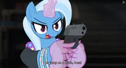 Size: 1820x980 | Tagged: suggestive, artist:cortavi, derpibooru import, trixie, pony, unicorn, g4, alternate hairstyle, angry, babysitter trixie, bipedal, blurry background, bracelet, clothes, crossover, dialogue, female, gameloft, gun, hand, handgun, hoodie, horn, image, imminent death, indoors, jacket, jewelry, magic, magic hands, mare, my little pony: magic princess, open mouth, pistol, png, resident evil, resident evil revelations 2, solo, subtitles, text, video game, weapon