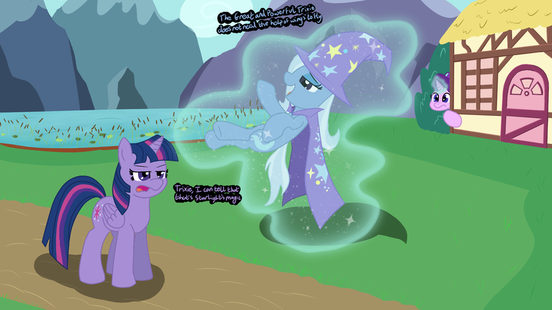 Size: 1920x1080 | Tagged: safe, artist:agreylongma, derpibooru import, starlight glimmer, trixie, twilight sparkle, twilight sparkle (alicorn), alicorn, pony, unicorn, g4, cape, clothes, dialogue, female, glow, glowing horn, hat, horn, house, image, lake, levitation, magic, magic aura, mare, mountain, open mouth, path, png, telekinesis, water