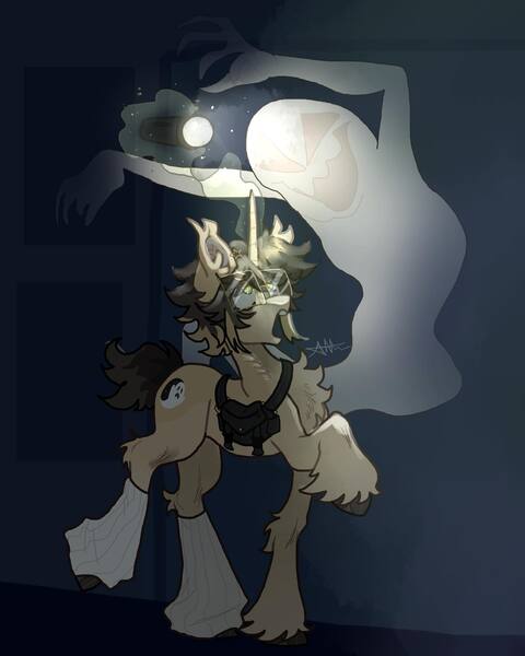 Size: 1440x1800 | Tagged: safe, artist:stygios, derpibooru import, oc, oc:gold ghost, ghost, pony, undead, unicorn, bag, clothes, glasses, horn, image, jpeg, leg warmers, magic, telekinesis, torch