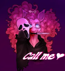 Size: 1440x1577 | Tagged: semi-grimdark, artist:stygios, derpibooru import, pinkie pie, earth pony, pony, g4, blood, cloak, clothes, female, goretober, gradient background, image, jpeg, knife, mare, mask, mouth hold, solo, the scream