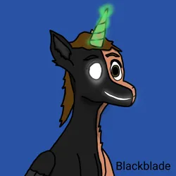 Size: 2560x2560 | Tagged: safe, artist:blackblade360, derpibooru import, oc, oc:blade (blackblade360), unofficial characters only, alicorn, pony, 2024, alicorn oc, artificial alicorn, blue background, brown coat, brown mane, bust, dark magic, digital art, glow, glowing eyes, glowing horn, glowing mouth, green eyes, horn, ibispaint x, image, looking at you, magic, male, png, pony oc, signature, simple background, smiling, smiling at you, stallion, stallion oc, wings