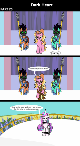 Size: 1920x3516 | Tagged: safe, artist:platinumdrop, derpibooru import, luster dawn, princess flurry heart, oc, alicorn, earth pony, pony, unicorn, comic:dark heart, g4, 3 panel comic, alternate timeline, armor, balcony, bracelet, collar, colt, comic, commission, crying, crystal empire, dialogue, evil flurry heart, eyes closed, female, foal, folded wings, glow, glowing eyes, guard, happy, helmet, horn, horn ring, image, jewelry, looking at each other, looking at someone, looking at you, magic suppression, male, mare, mind control, mother and child, mother and son, offscreen character, older, older flurry heart, open mouth, png, regalia, ring, slave, slave collar, smiling, smug, sombra soldier, spear, speech bubble, spiked collar, spiked wristband, stallion, tears of joy, victorious villain, weapon, wings, wristband