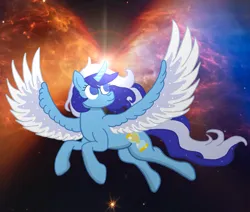 Size: 3288x2784 | Tagged: safe, artist:jesterofdestiny, derpibooru import, minuette, alicorn, g4, alicornified, ethereal mane, image, james webb space telescope, lens flare, minuetticorn, nebula, png, protostar, race swap, smiling, solo, space, spread wings, starry mane, starry wings, wings