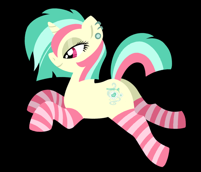 Size: 2975x2541 | Tagged: safe, artist:catponything, derpibooru import, oc, oc:chamomile dreams, unofficial characters only, pony, unicorn, g4, bedroom eyes, clothes, ear piercing, earring, female, gauges, horn, image, jewelry, lying down, mare, piercing, png, prone, short mane, smiling, socks, solo, striped socks