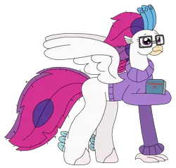 Size: 2466x2350 | Tagged: safe, artist:supahdonarudo, derpibooru import, queen novo, classical hippogriff, hippogriff, g4, my little pony: the movie, adorkable, book, clothes, cute, dork, female, glasses, holding, image, nerd, novobetes, png, simple background, sweater, transparent background