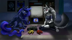 Size: 6400x3600 | Tagged: safe, artist:kehnnyjoge, derpibooru import, princess luna, anthro, pony, wolf, gamer luna, absurd resolution, controller, furry, helluva boss, image, joystick, jpeg, loona (helluva boss), magic, poster, toy