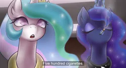 Size: 3775x2050 | Tagged: safe, artist:maretheory.exe, derpibooru import, princess celestia, princess luna, cigarette, expressionless face, eyes closed, image, meme, png, smoking, subtitles, the orville