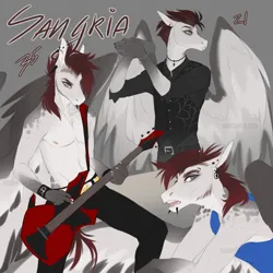 Size: 2000x2000 | Tagged: safe, artist:dementra369, derpibooru import, oc, oc:sangria, unofficial characters only, anthro, pegasus, clothes, facial hair, guitar, image, jpeg, male, musical instrument, nudity, partial nudity, piercing, self paradox, solo, spread wings, winged anthro, wings