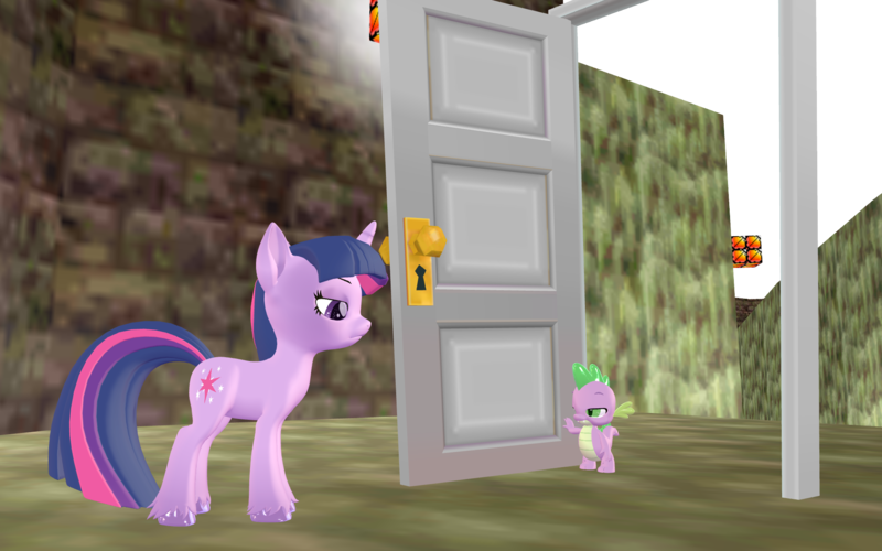 Size: 1920x1200 | Tagged: safe, artist:puzzlshield2, derpibooru import, spike, twilight sparkle, dragon, pony, unicorn, boast busters, g4, season 1, 3d, door, duo, hazy maze cave, hoof fluff, horn, image, mmd, my little pony, png, recreation, remake, render, simple background, super mario 64, super mario bros., transparent background, unicorn twilight, unimpressed