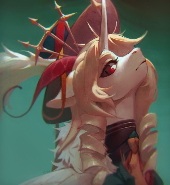 Size: 2345x2560 | Tagged: safe, artist:rvsd, derpibooru import, oc, unofficial characters only, pony, unicorn, aside glance, bust, female, floppy ears, gradient background, hat, high res, horn, image, jpeg, long horn, looking at you, mare, nose in the air, profile, red eyes, sideways glance, slit pupils, solo