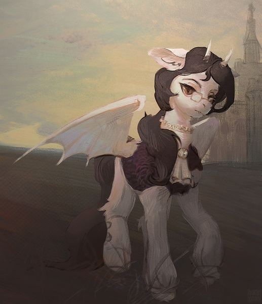 Size: 2204x2560 | Tagged: safe, artist:rvsd, derpibooru import, oc, oc:draconis taaldis, unofficial characters only, bat pony, pony, castle, clothes, commission, fangs, glasses, horns, image, jpeg, outdoors, slit pupils, solo