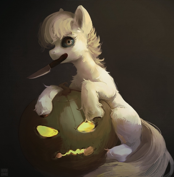 Size: 2515x2560 | Tagged: safe, artist:rvsd, derpibooru import, oc, unofficial characters only, earth pony, pony, black sclera, halloween, high res, holiday, image, jack-o-lantern, jpeg, knife, looking at you, mouth hold, pumpkin, sitting, solo