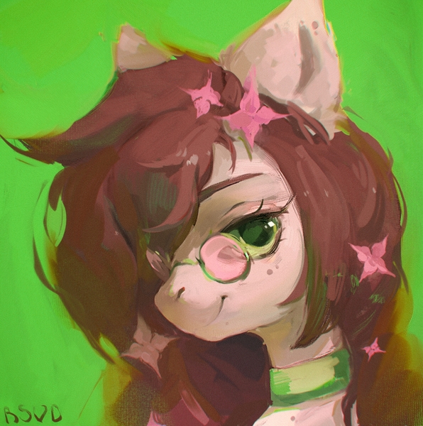 Size: 2543x2560 | Tagged: safe, artist:rvsd, derpibooru import, oc, unofficial characters only, pony, bust, choker, commission, female, flower, flower in hair, glasses, green background, image, jpeg, mare, simple background, solo