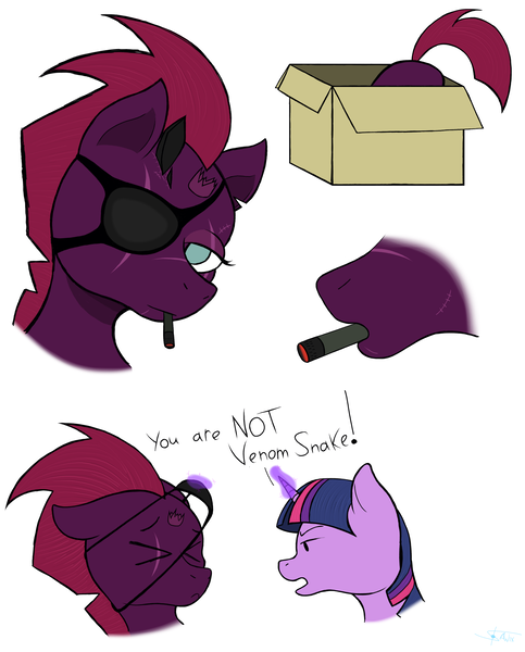 Size: 3300x4100 | Tagged: safe, artist:anix_space, derpibooru import, tempest shadow, twilight sparkle, unicorn, g4, box, broken horn, butt, cigarette, derpibooru exclusive, duo, eye scar, eyepatch, facial scar, horn, image, magic, metal gear solid 5, png, scar, sketch, smoking, telekinesis