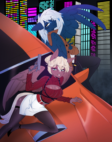 Size: 3090x3937 | Tagged: safe, artist:tomi_ouo, derpibooru import, oc, oc:frost spanner, oc:penny banks, anthro, pegasus, pony, anime reference, blonde hair, blue eyes, blue fur, car, city, cityscape, clothes, cyberpunk, female, food, gun, high heels, image, jacket, leather, leather jacket, looking at you, lying down, male, mare, maroon, miniskirt, night, orange, png, riding bean, shoes, shoulder holster, skirt, stallion, sweater, sword, weapon, white mane