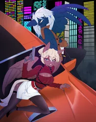 Size: 3090x3937 | Tagged: safe, artist:tomi_ouo, derpibooru import, oc, oc:frost spanner, oc:penny banks, anthro, pegasus, pony, anime reference, blonde hair, blue eyes, blue fur, car, city, cityscape, clothes, cyberpunk, female, food, gun, high heels, image, jacket, leather, leather jacket, looking at you, lying down, male, mare, maroon, miniskirt, night, orange, png, riding bean, shoes, shoulder holster, skirt, stallion, sweater, sword, weapon, white mane