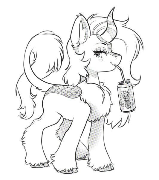 Size: 1816x2048 | Tagged: safe, artist:opalacorn, derpibooru import, oc, oc:azure dusk, unofficial characters only, kirin, black and white, drink, drinking, drinking straw, female, fluffy, food, grayscale, horn, image, jpeg, kirin oc, monochrome, pineapple, raffle prize, simple background, solo