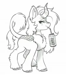 Size: 1816x2048 | Tagged: safe, artist:opalacorn, derpibooru import, oc, oc:azure dusk, unofficial characters only, kirin, black and white, drink, drinking, drinking straw, female, fluffy, food, grayscale, horn, image, jpeg, kirin oc, monochrome, pineapple, raffle prize, simple background, solo