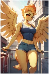 Size: 896x1344 | Tagged: suggestive, ai content, derpibooru import, machine learning generated, prompter:saberclaw1x, stable diffusion, spitfire, anthro, earth pony, g4, bare midriff, belly, belly button, big breasts, breasts, building, busty spitfire, cleavage, clothes, daisy dukes, female, image, looking at you, outdoors, png, railing, shorts, smiling, smiling at you, solo, solo female, spread wings, tanktop, wings