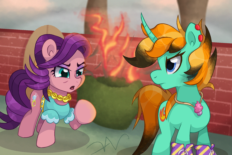 Size: 2100x1406 | Tagged: safe, artist:swasfews, derpibooru import, firecracker burst, spoiled rich, earth pony, unicorn, g4, boots, brick wall, clothes, ear piercing, earring, fire, horn, image, jewelry, necklace, piercing, png, pointing, shoes