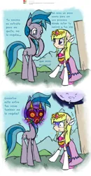 Size: 1280x2460 | Tagged: safe, artist:askaponywithbraces, derpibooru import, air way, pearly whites, ponified, pony, g4, 2 panel comic, clothes, comic, dialogue, dress, image, png, princess zelda, spanish, the legend of zelda, the legend of zelda: majora's mask, translated in the description