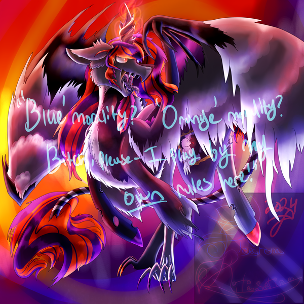 Size: 5800x5800 | Tagged: safe, artist:florarena-kitasatina/dragonborne fox, derpibooru import, oc, oc:dark reflections, unofficial characters only, alicorn, changeling, absurd resolution, drool, edgy, floppy ears, heterochromia, hybrid oc, hybrid wings, image, leonine tail, multicolored coat, multicolored hair, open mouth, png, raised leg, shrunken pupils, signature, tail, talons, twisted horn, wat, watermark, wide eyes, wings