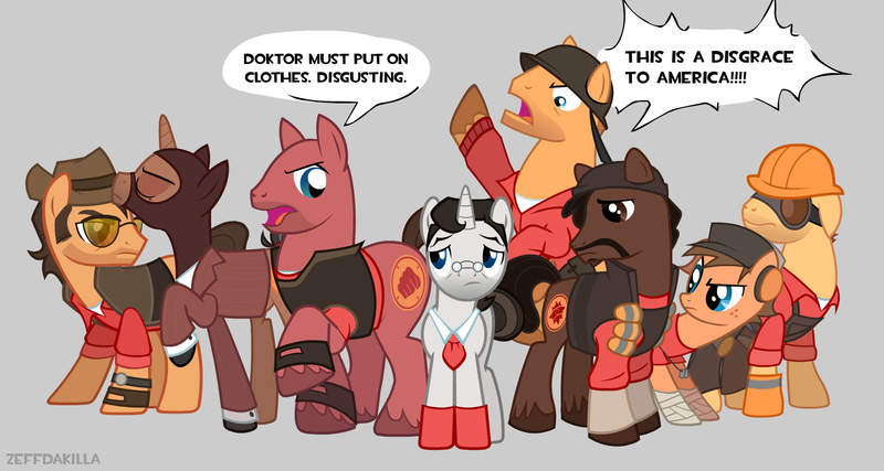 Size: 1875x1000 | Tagged: safe, artist:zeffdakilla, derpibooru import, ponified, pegasus, pony, unicorn, angry, demoman (tf2), disgusted, engineer (tf2), gray background, heavy weapons guy, horn, image, looking at someone, male, medic (tf2), png, sad, scout (tf2), simple background, sniper (tf2), soldier (tf2), speech bubble, spy (tf2), standing, talking, team fortress 2, text