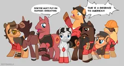 Size: 1875x1000 | Tagged: safe, artist:zeffdakilla, derpibooru import, ponified, pegasus, pony, unicorn, angry, demoman (tf2), disgusted, engineer (tf2), gray background, heavy weapons guy, horn, image, looking at someone, male, medic (tf2), png, sad, scout (tf2), simple background, sniper (tf2), soldier (tf2), speech bubble, spy (tf2), standing, talking, team fortress 2, text