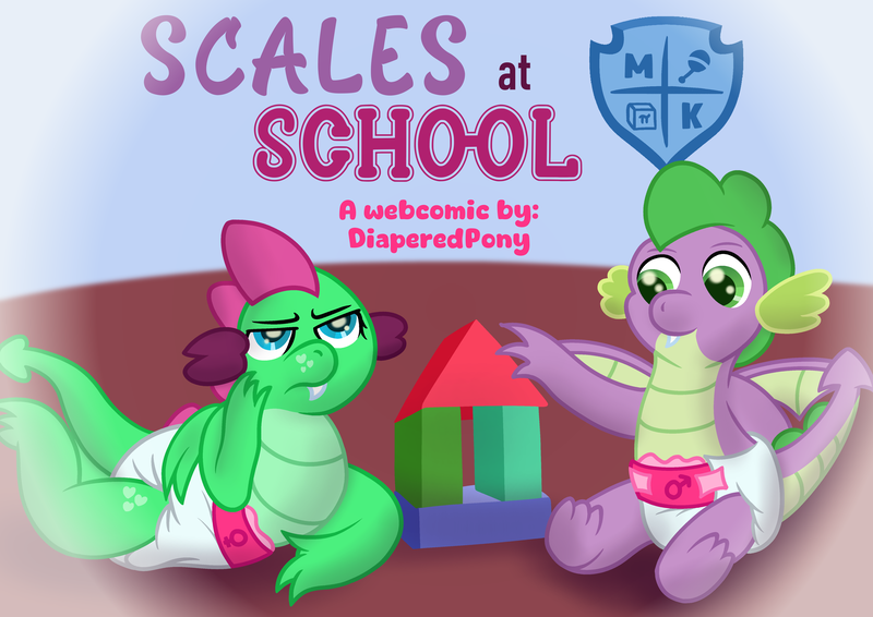 Size: 4960x3508 | Tagged: safe, artist:sweetielover, derpibooru import, spike, oc, oc:goldigony, dragon, comic:scales at school, g4, blocks, bored, comic, diaper, dragoness, duo, female, folded wings, high res, image, letter, lying down, male, png, sitting, webcomic, wings