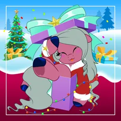 Size: 2048x2048 | Tagged: safe, artist:jhayarr23, derpibooru import, oc, oc:dawn blossom, unofficial characters only, earth pony, pony, :p, blushing, bow, christmas, christmas lights, christmas tree, clothes, costume, earth pony oc, hair bow, holiday, image, male, png, present, santa costume, snow, solo, stallion, tongue out, tree