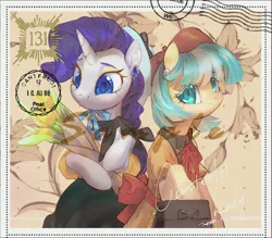 Size: 1904x1670 | Tagged: safe, artist:tingsan, derpibooru import, coco pommel, rarity, earth pony, pony, unicorn, g4, bouquet, bow, canterlot lady, clothes, colored pupils, cute, dress, duo, duo female, ear piercing, earring, female, flower, hat, horn, image, jewelry, looking at you, mare, piercing, png, postcard, purse