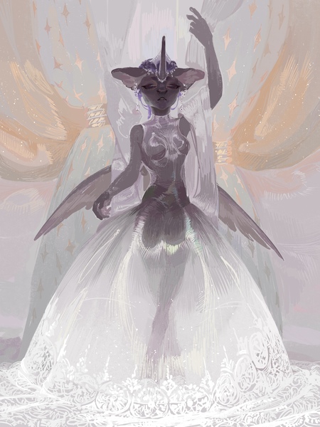 Size: 1620x2160 | Tagged: safe, artist:yanisfucker, derpibooru import, princess luna, alicorn, anthro, cat, hybrid, g4, clothes, dress, ear piercing, earring, female, image, jewelry, jpeg, piercing, regalia, solo, species swap