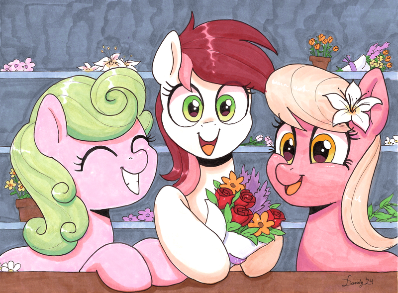 Size: 4776x3516 | Tagged: safe, artist:dandy, derpibooru import, daisy, flower wishes, lily, lily valley, roseluck, pony, g4, bouquet, copic, eyes closed, female, flower, flower in hair, image, looking at you, mare, open mouth, open smile, png, rose, smiling, traditional art