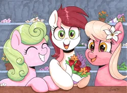 Size: 4776x3516 | Tagged: safe, artist:dandy, derpibooru import, daisy, flower wishes, lily, lily valley, roseluck, earth pony, pony, g4, bouquet, copic, counter, cute, date (time), eyes closed, female, flower, flower in hair, flower trio, happy, image, looking at you, mare, market, market stall, open mouth, open smile, png, potted plant, ribbon, rose, shelf, signature, smiling, store, traditional art