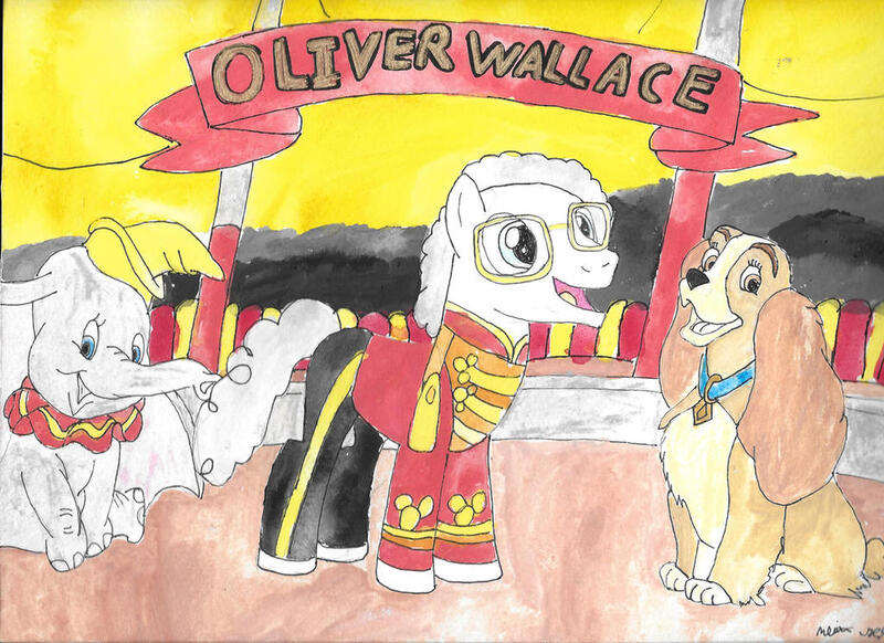 Size: 1024x745 | Tagged: safe, artist:merrittwilson, derpibooru import, ponified, dog, earth pony, elephant, pony, dumbo, glasses, image, jpeg, lady and the tramp, oliver wallace, traditional art