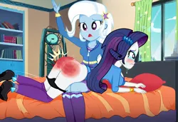 Size: 1216x832 | Tagged: suggestive, ai content, machine learning generated, prompter:desconhecido2000, rarity, trixie, human, equestria girls, ass, bed, bedroom, butt, image, jpeg, over the knee, rearity, reddened butt, spank mark, spanked, spanking