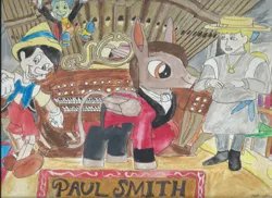 Size: 1024x745 | Tagged: safe, artist:merrittwilson, derpibooru import, donkey, pegasus, image, jpeg, paul smith, pinocchio, pipe organ, traditional art