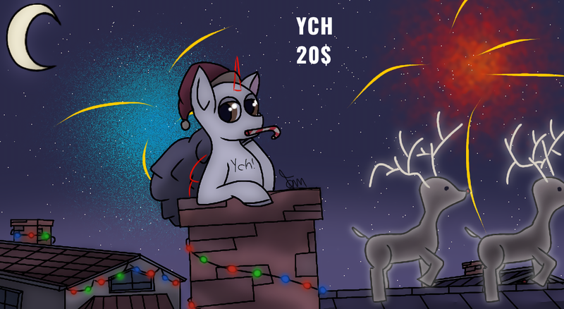 Size: 1440x788 | Tagged: safe, artist:thomas.senko, derpibooru import, oc, unofficial characters only, alicorn, changeling, deer, earth pony, gryphon, pegasus, pony, reindeer, unicorn, friendship is magic, g4, 2024, bag, brown eyes, changeling oc, chimney, christmas, christmas lights, clothes, colored, commission, costume, detailed background, digital art, ears up, female, fireworks, folded wings, front view, griffon oc, half moon, halfmoon, hat, holiday, horn, image, light, lights, looking back, male, mare, moon, mouth hold, my little pony, neighborhood, night, peppermint, pipe, png, reindeer horn, santa hat, shading, shadows, soft shading, solo, stallion, stars, wings, your character here