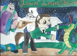 Size: 1024x745 | Tagged: safe, artist:merrittwilson, derpibooru import, alligator, earth pony, human, pony, accordion, bipedal, dancing, fantasia, image, john lounsbery, jpeg, lady and the tramp, lute, musical instrument, traditional art