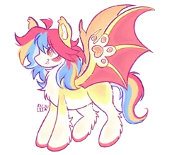 Size: 2199x1927 | Tagged: safe, artist:kaijulii, derpibooru import, oc, oc:pequeña piñata, unofficial characters only, bat pony, bat pony oc, bat wings, image, multicolored hair, multicolored mane, multicolored tail, paw wings, paws, png, simple background, solo, tail, transparent background, two toned coat, white fur, wings, yellow fur