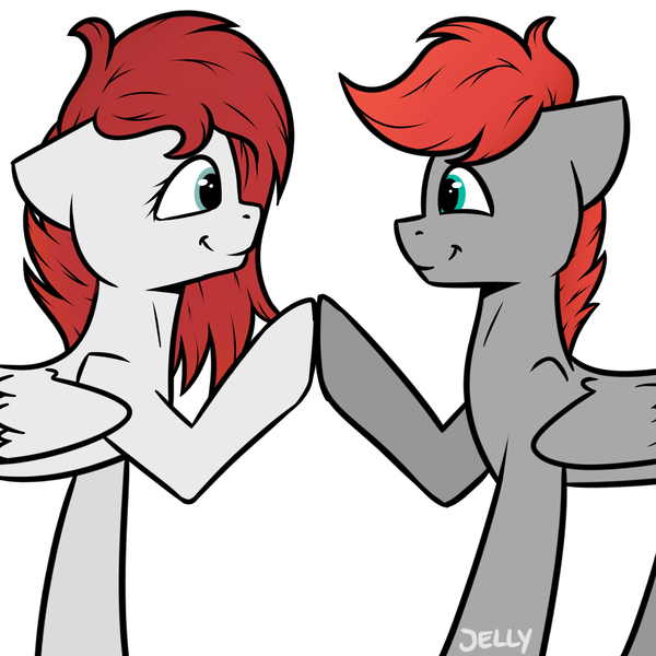 Size: 2000x2000 | Tagged: safe, artist:jellysiek, derpibooru import, oc, oc:cherry feather (pony), unofficial characters only, pegasus, pony, duo, eye contact, female, high res, hoofbump, image, looking at each other, looking at someone, mare, pegasus oc, png, profile, side view, simple background, smiling, smiling at each other, white background, wings