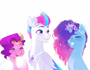 Size: 2048x1597 | Tagged: safe, artist:aztrial, derpibooru import, pipp petals, princess celestia, princess luna, zipp storm, pegasus, pony, unicorn, g5, adorapipp, adorazipp, crown, cute, eyes closed, female, freckles, grin, horn, image, jewelry, jpeg, mare, markings, misty brightdawn, mistybetes, national princess day, open mouth, princess, regalia, royal sisters, siblings, simple background, sisters, smiling, tiara, trio, trio female, white background